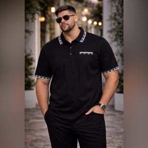 Albertini 3XL Black Polo Shirt Greek Key Trim Stretch Cotton Designer Style NWT